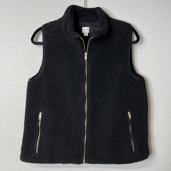 J. Crew Women's Plush Fleece Sherpa Excursion Vest Black Large Gold Pockets - Picture 1 of 3